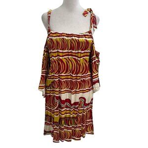 Manuheali'i Hawaiian Cold Shoulder Abstract Swing Dress Red Yellow size XL